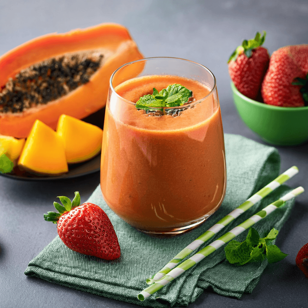 Strawberry, Peach, Papaya Smoothie + Matcha Tea